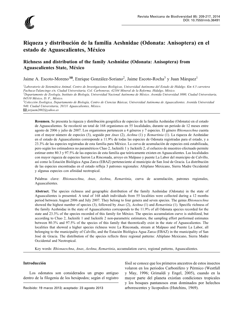 Riqueza Y Distribución De La Familia Aeshnidae (Odonata: Anisoptera) En El Estado De Aguascalientes, México