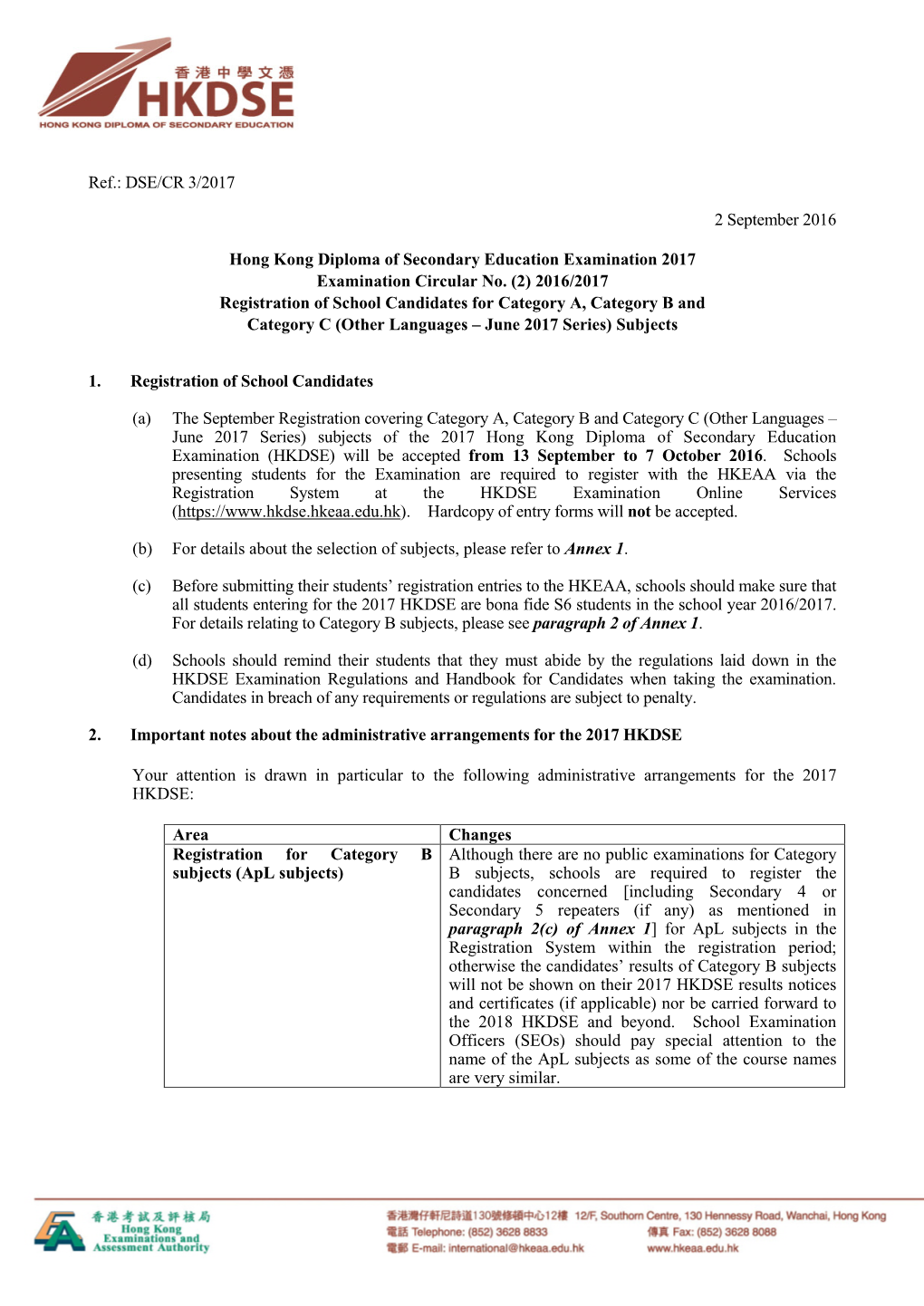 2017 HKDSE Are Bona Fide S6 Students in the School Year 2016/2017