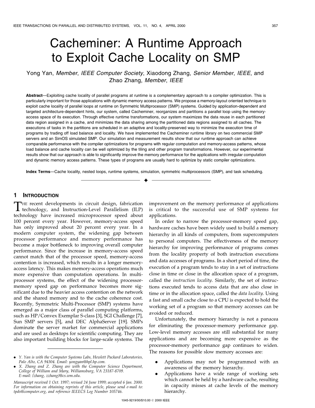 Cacheminer: a Runtime Approach to Exploit Cache Locality on SMP