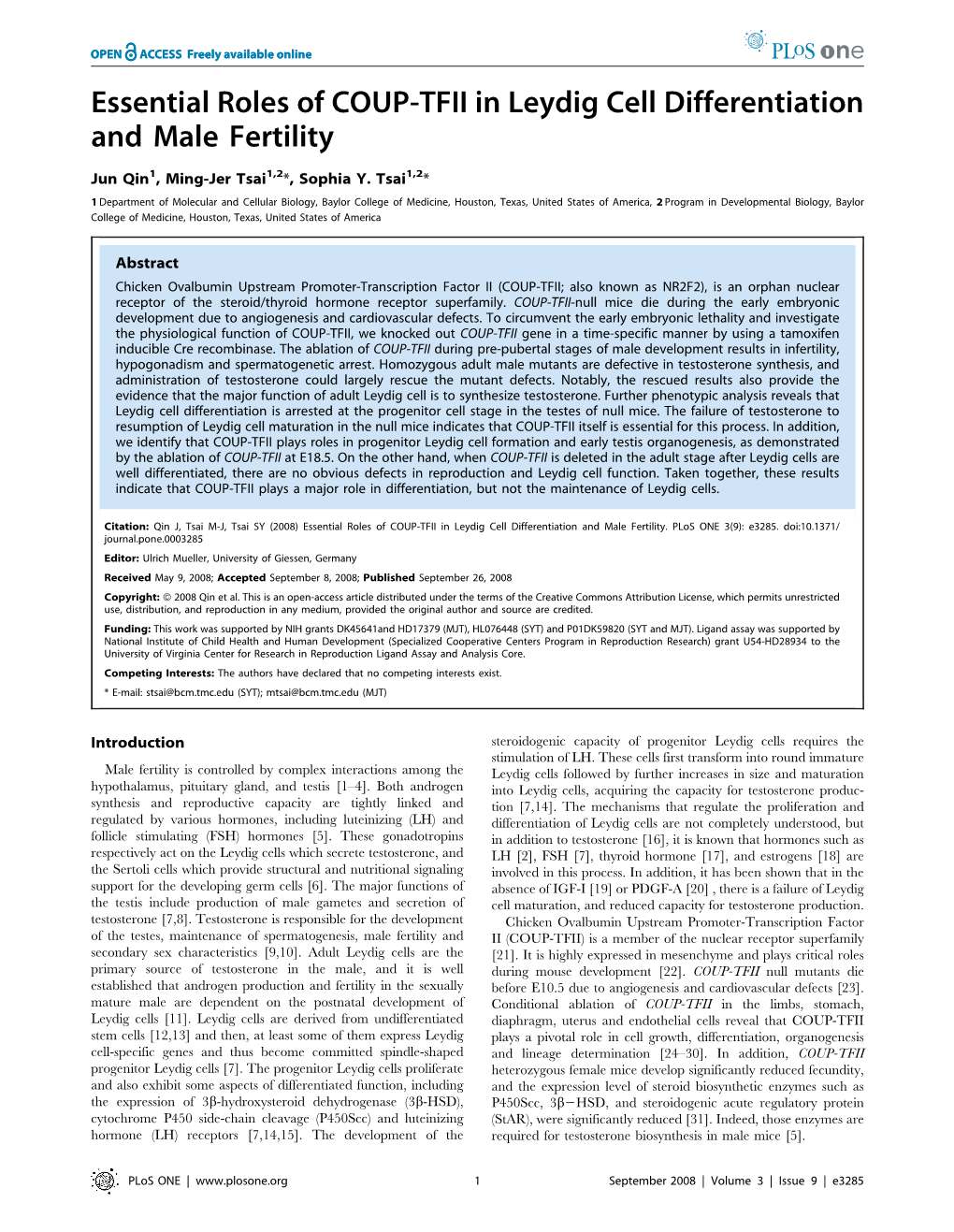 Essential Roles of COUP-TFII in Leydig Cell Differentiation and Male Fertility