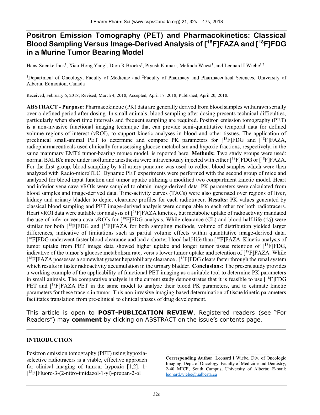 FAZA and [18F]FDG in a Murine Tumor Bearing Model