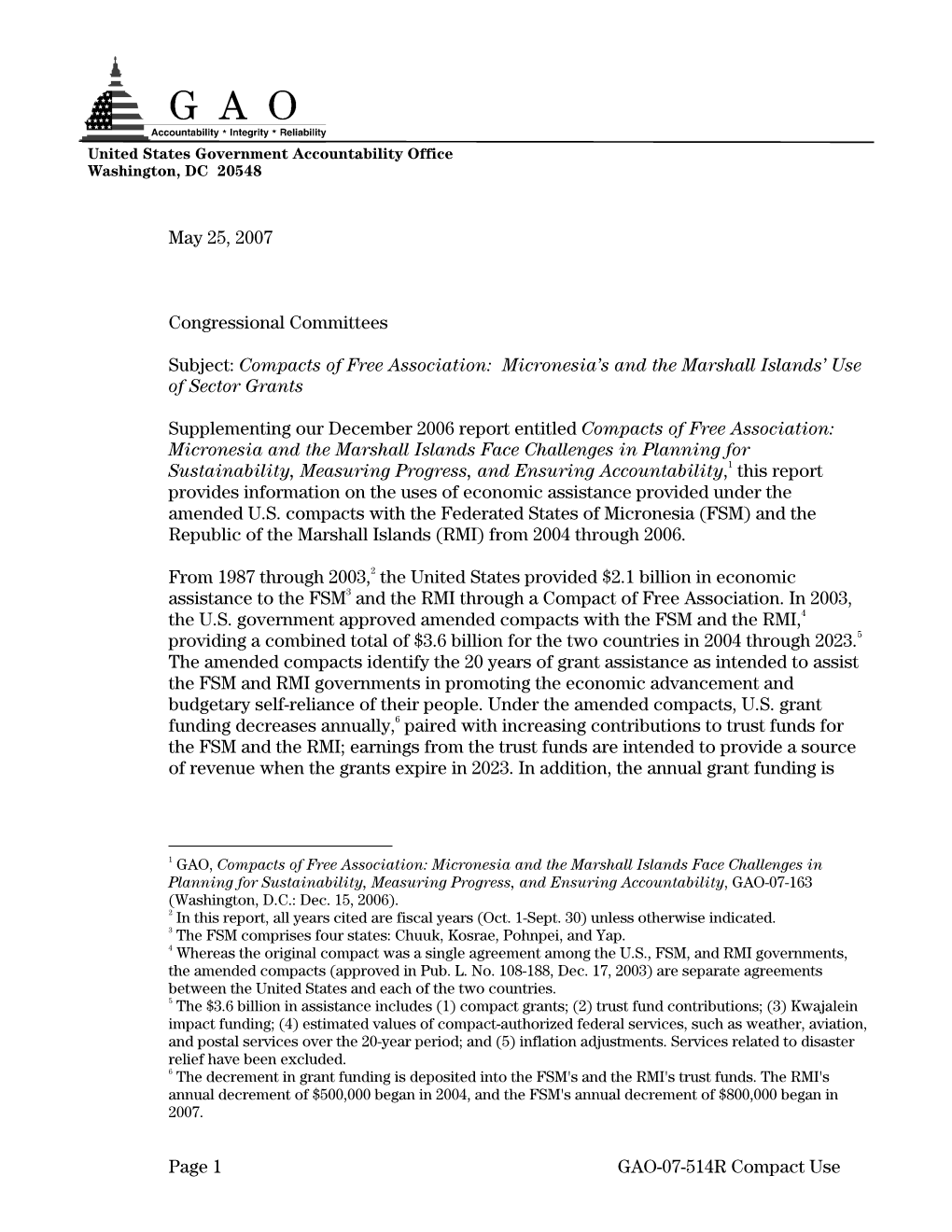 GAO-07-514R Compacts of Free Association