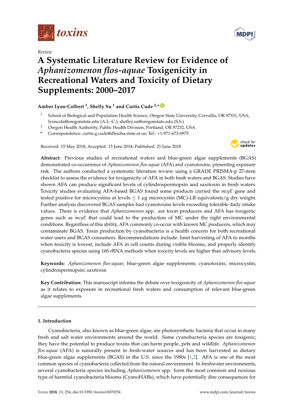 A Systematic Literature Review for Evidence of Aphanizomenon Flos