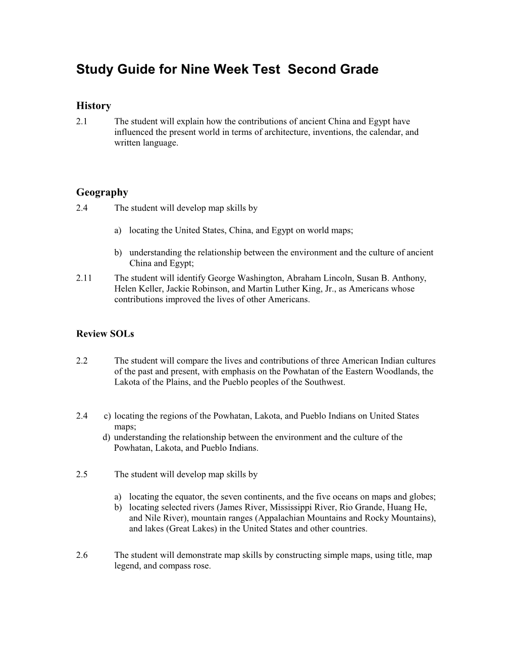 Study Guide for Nine Week Test Second Grade