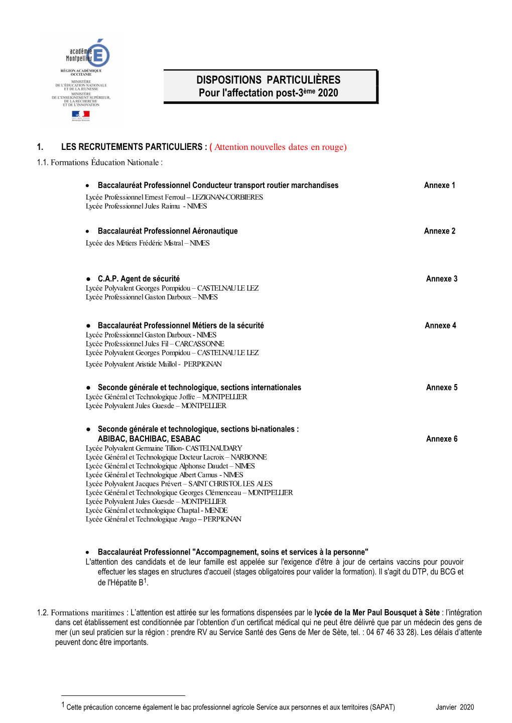 DISPOSITIONS PARTICULIÈRES Pour L'affectation Post-3Ème 2020