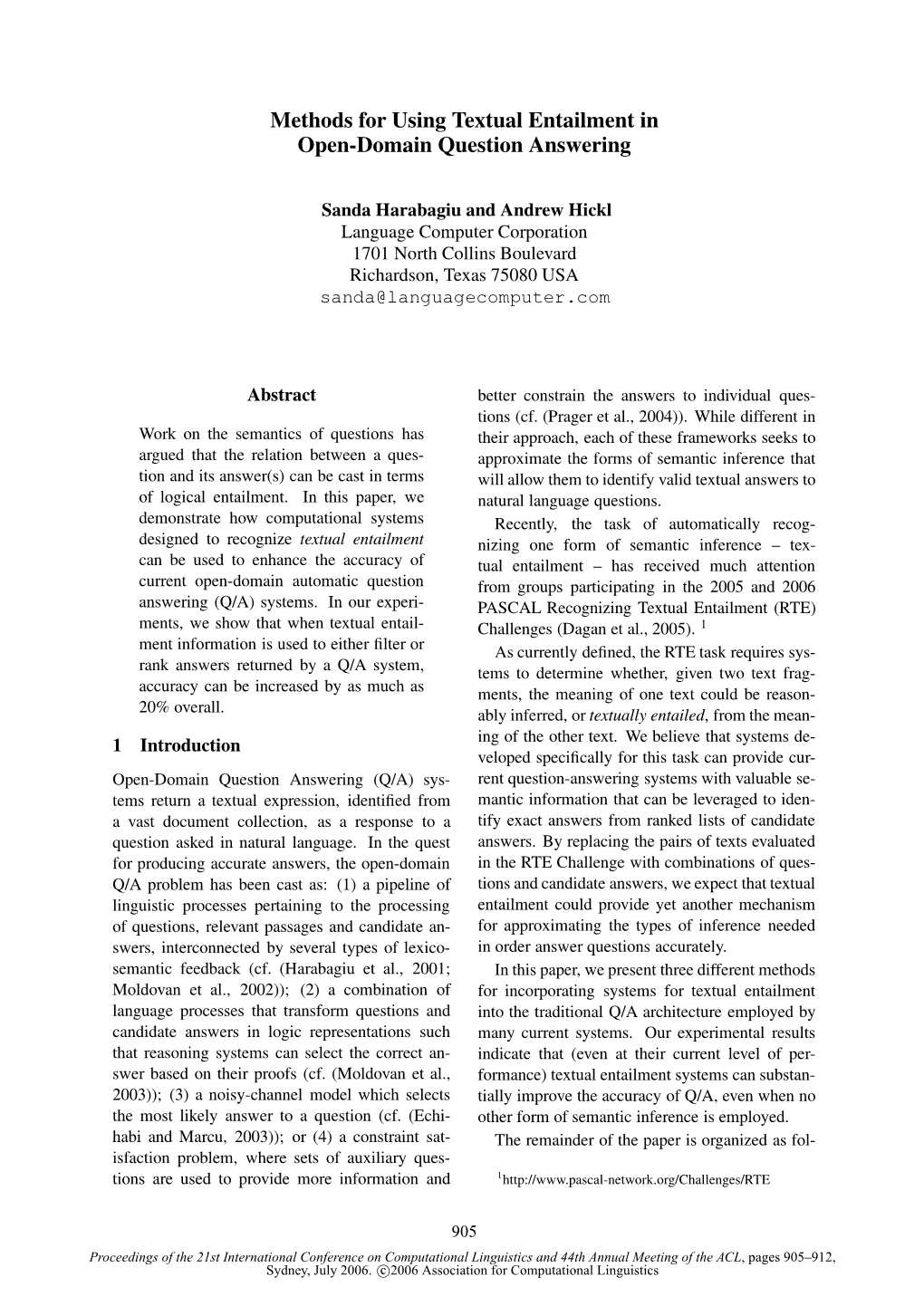 Methods for Using Textual Entailment in Open-Domain Question Answering