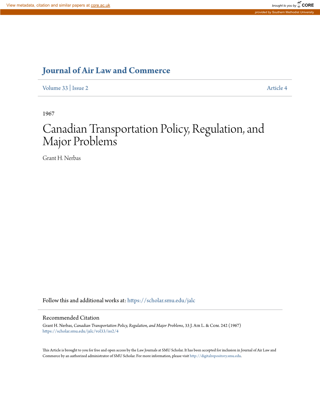 Canadian Transportation Policy, Regulation, and Major Problems Grant H