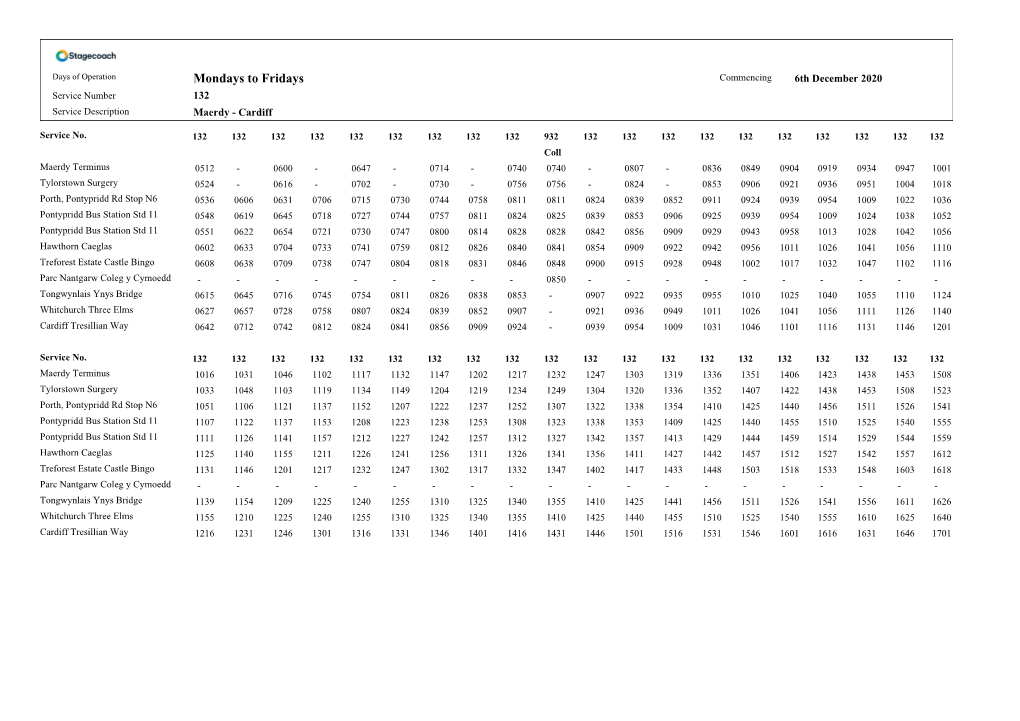 Mondays to Fridays Commencing 6Th December 2020 Service Number 132 Service Description Maerdy - Cardiff