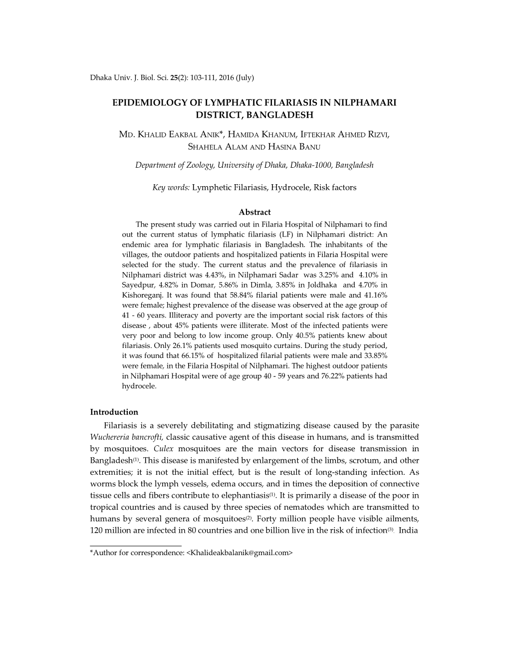 Epidemiology of Lymphatic Filariasis in Nilphamari District, Bangladesh