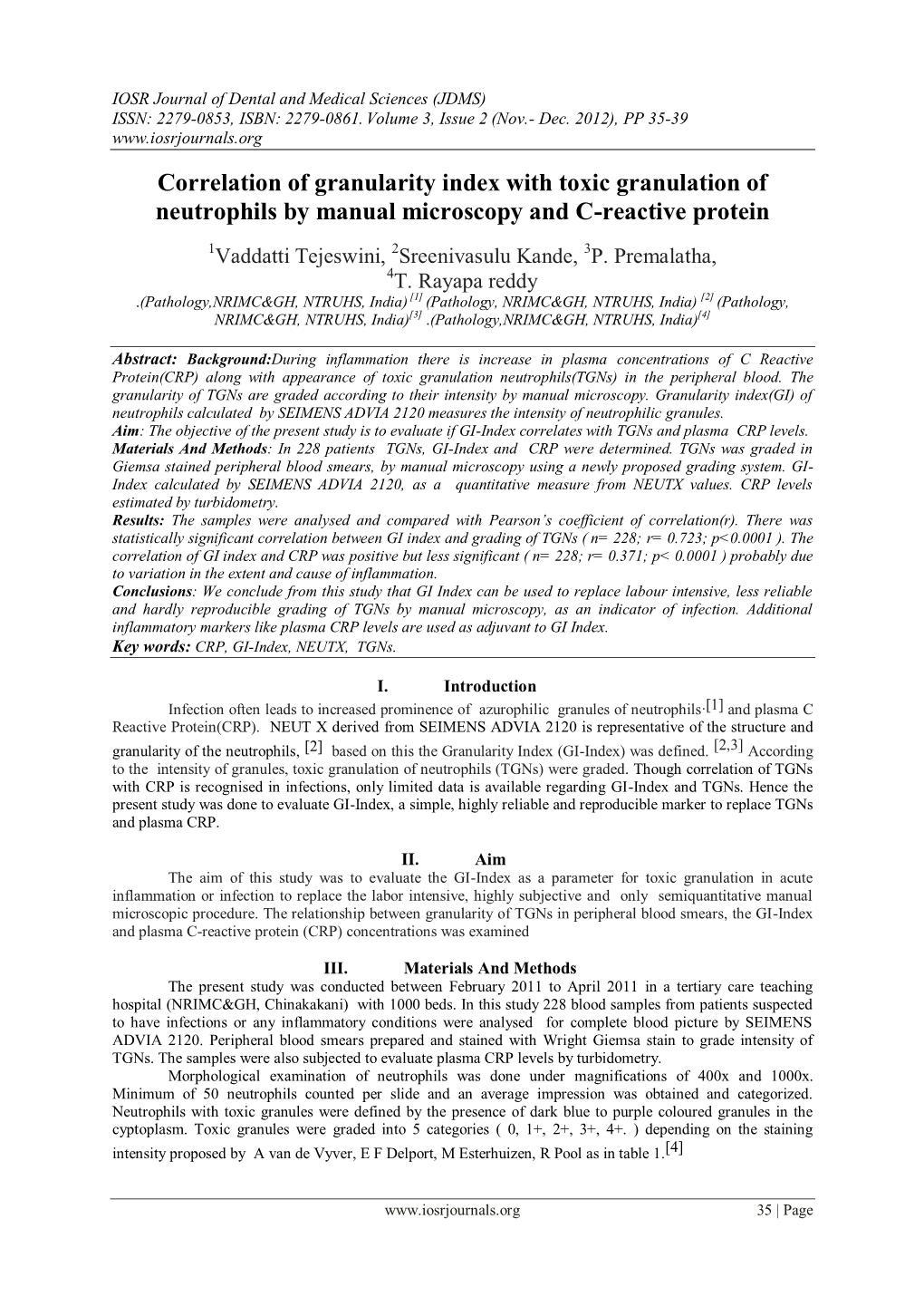 Correlation of Granularity Index with Toxic Granulation of Neutrophils by Manual Microscopy and C-Reactive Protein