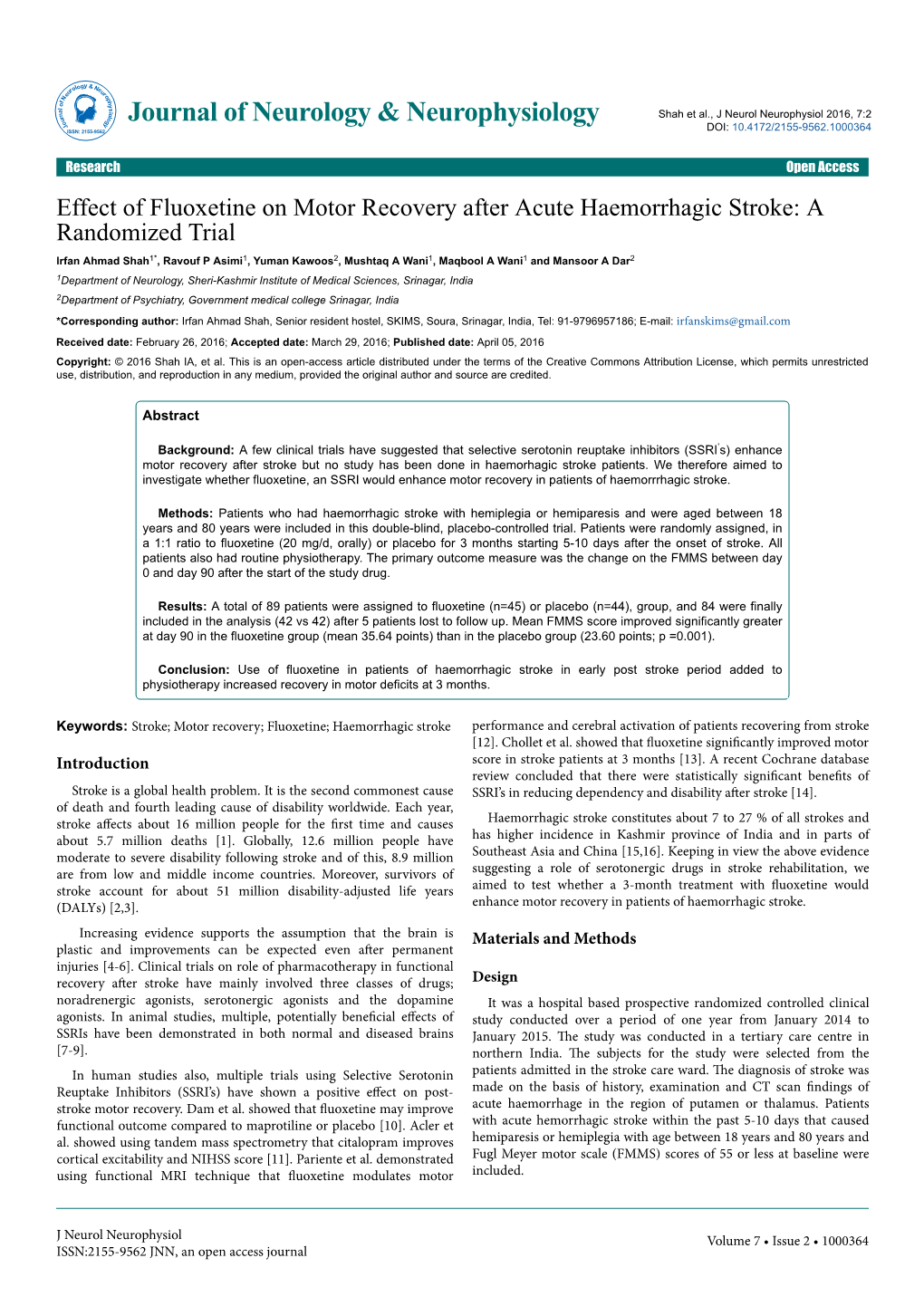 Effect of Fluoxetine on Motor Recovery After Acute Haemorrhagic Stroke