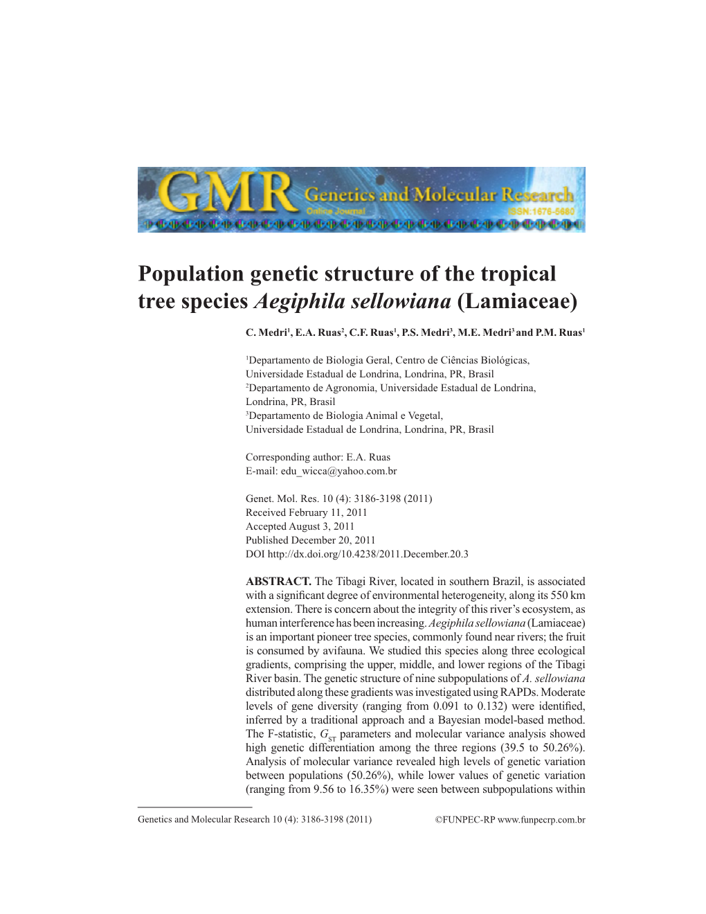 Population Genetic Structure of the Tropical Tree Species Aegiphila Sellowiana (Lamiaceae)