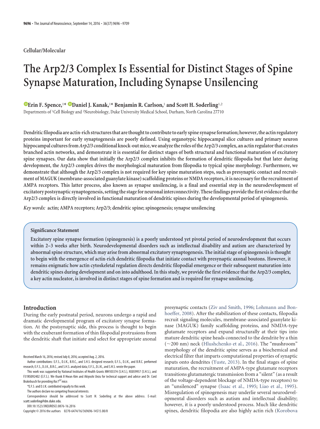 The Arp2/3 Complex Is Essential for Distinct Stages of Spine Synapse Maturation, Including Synapse Unsilencing