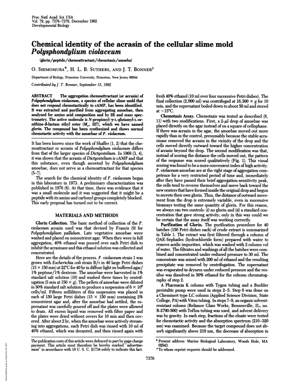 Chemical Identity of the Acrasin of the Cellular Slime Mold Polysphondylium Violaceum (Glorin/Peptide/Chemoattractant/Chemotaxis/Amoeba) 0