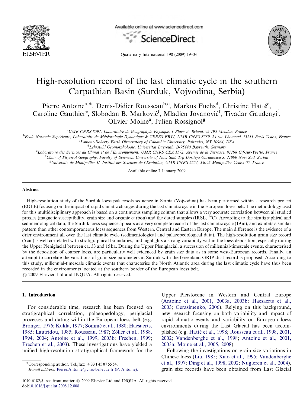 High-Resolution Record of the Last Climatic Cycle in the Southern Carpathian Basin (Surduk, Vojvodina, Serbia)