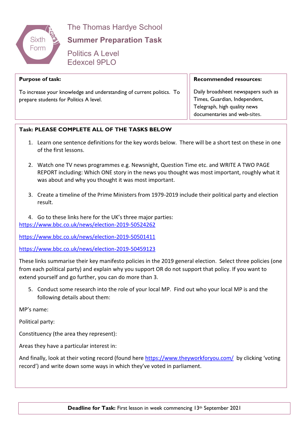 The Thomas Hardye School Summer Preparation Task Politics a Level