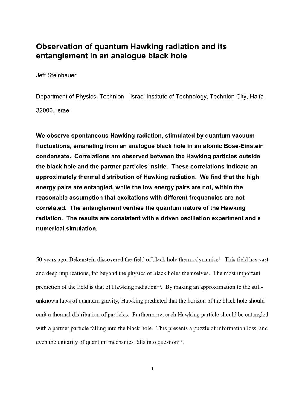 Observation of Quantum Hawking Radiation and Its Entanglement in an Analogue Black Hole