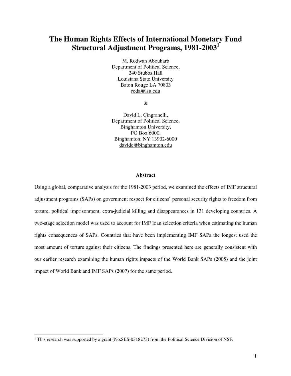 The Human Rights Effects of International Monetary Fund Structural Adjustment Programs, 1981-20031