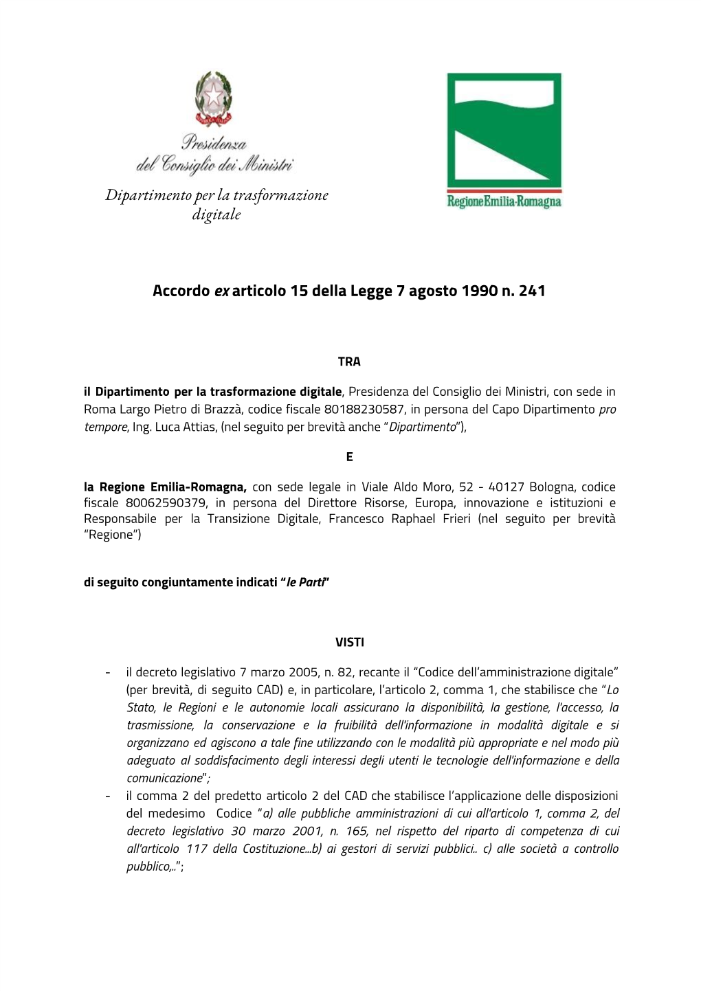 Accordo ​Ex ​Articolo 15 Della Legge 7 Agosto 1990 N. 241 Dipartimento