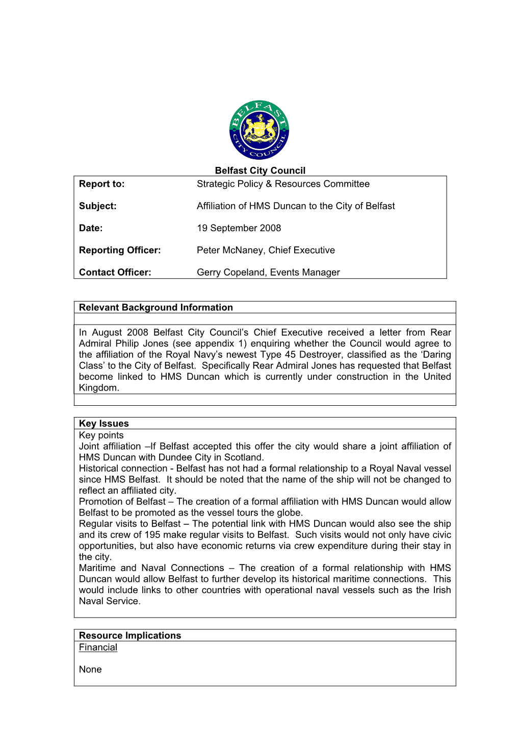 Affiliation of HMS Duncan to the City of Belfast PDF 111 KB