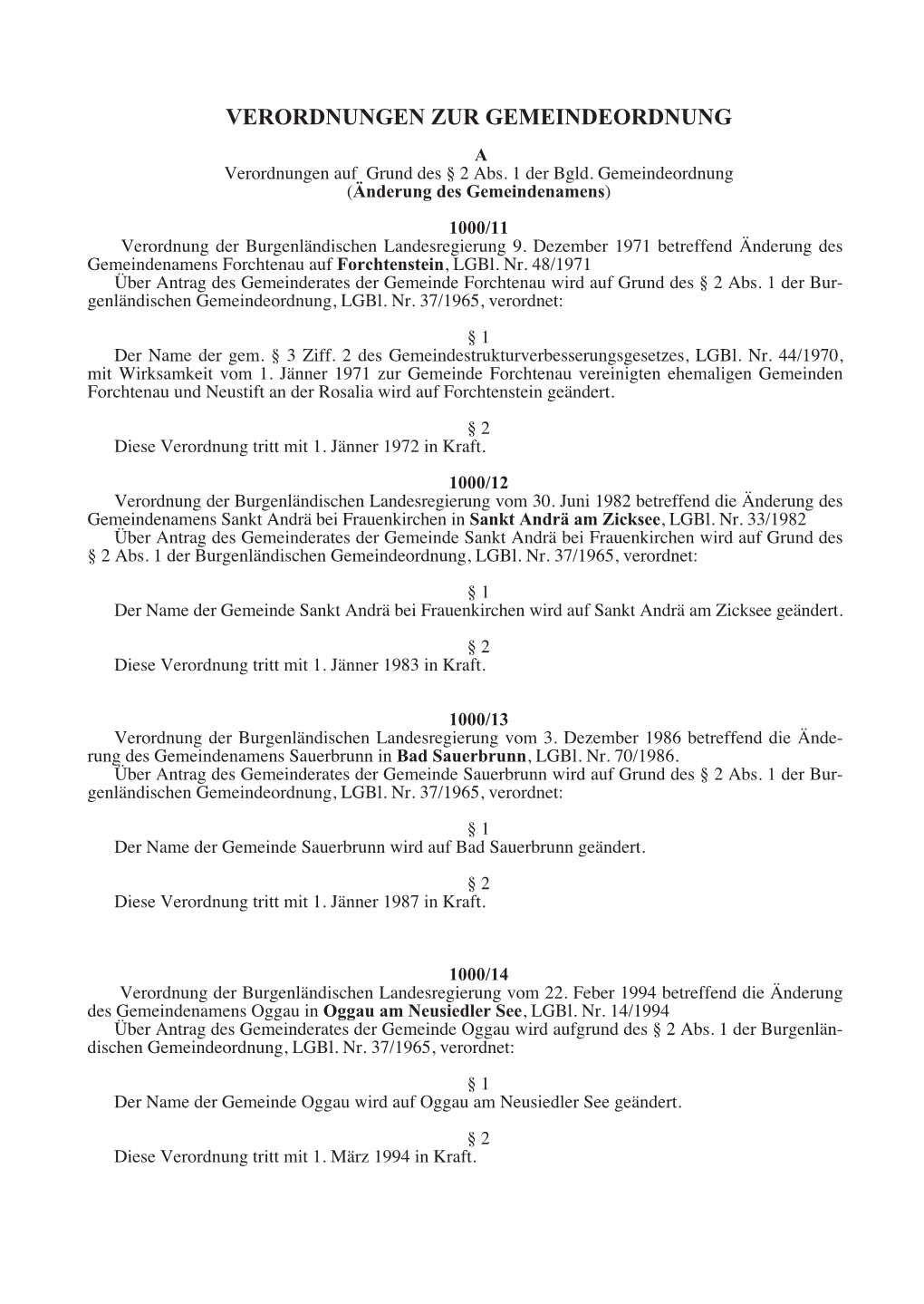 VERORDNUNGEN ZUR GEMEINDEORDNUNG a Verordnungen Auf Grund Des § 2 Abs