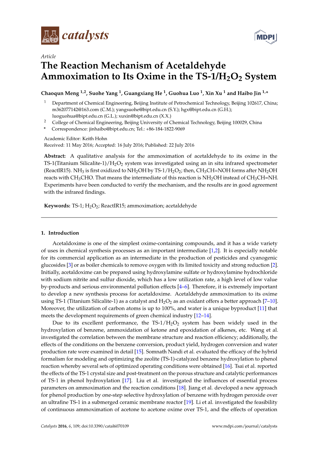 The Reaction Mechanism of Acetaldehyde Ammoximation to Its Oxime in the TS-1/H2O2 System