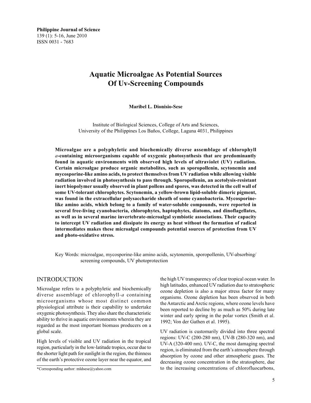 Aquatic Microalgae As Potential Sources of Uv-Screening Compounds