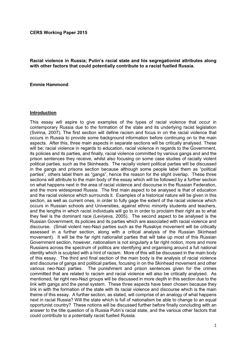 1 CERS Working Paper 2015 Racial Violence in Russia