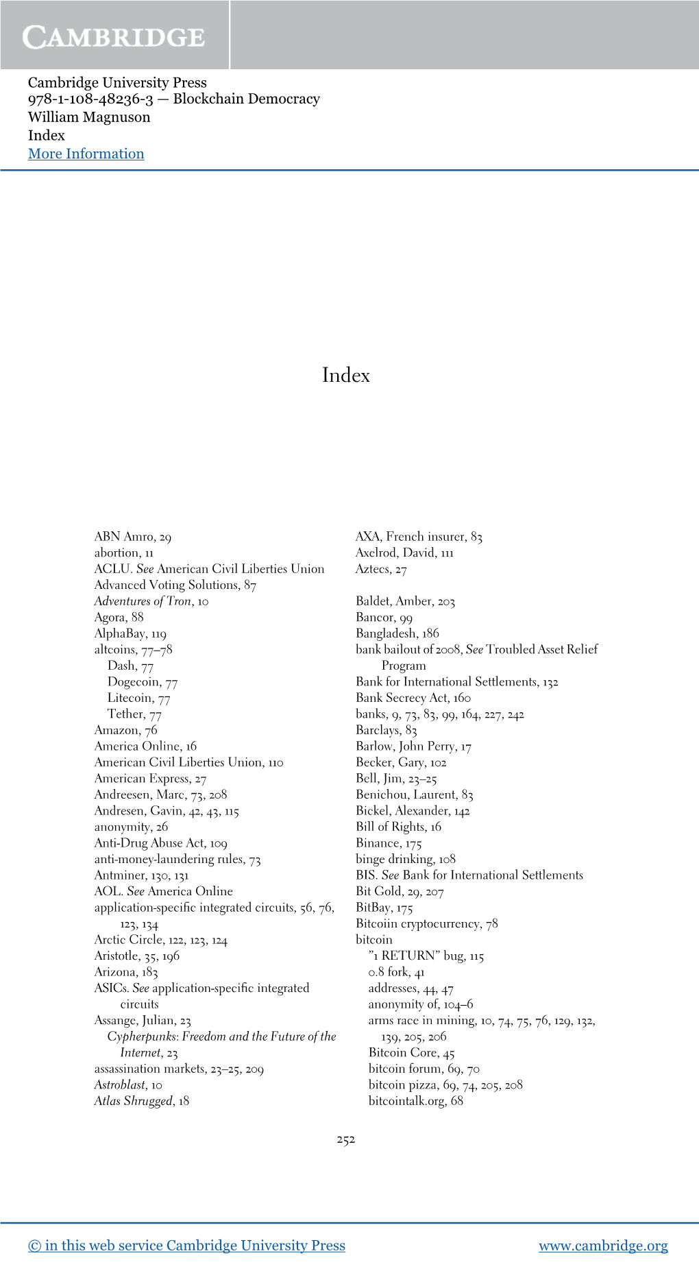 Blockchain Democracy William Magnuson Index More Information