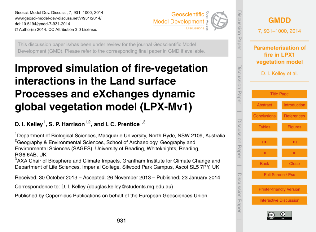 Parameterisation of Fire in LPX1 Vegetation Model