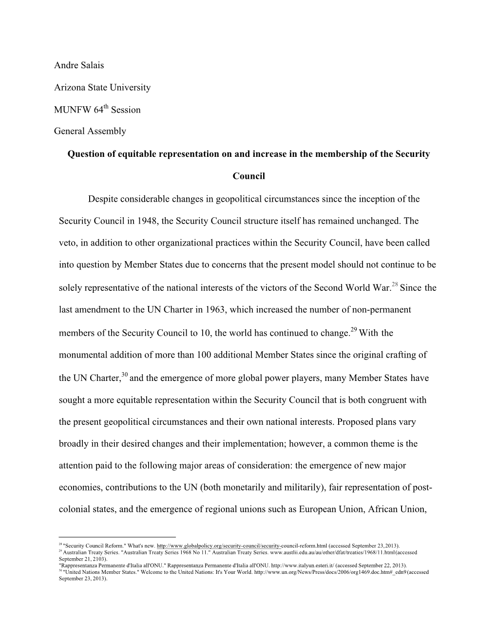 Andre Salais Arizona State University MUNFW 64Th Session General Assembly Question of Equitable Representation on and Increase I