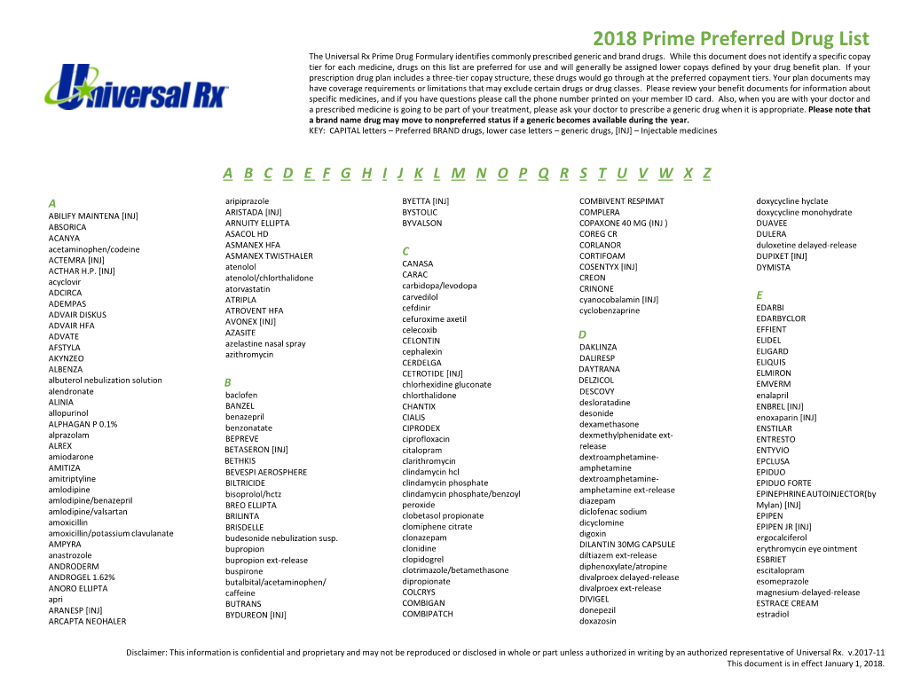 2018 Prime Preferred Drug List the Universal Rx Prime Drug Formulary Identifies Commonly Prescribed Generic and Brand Drugs