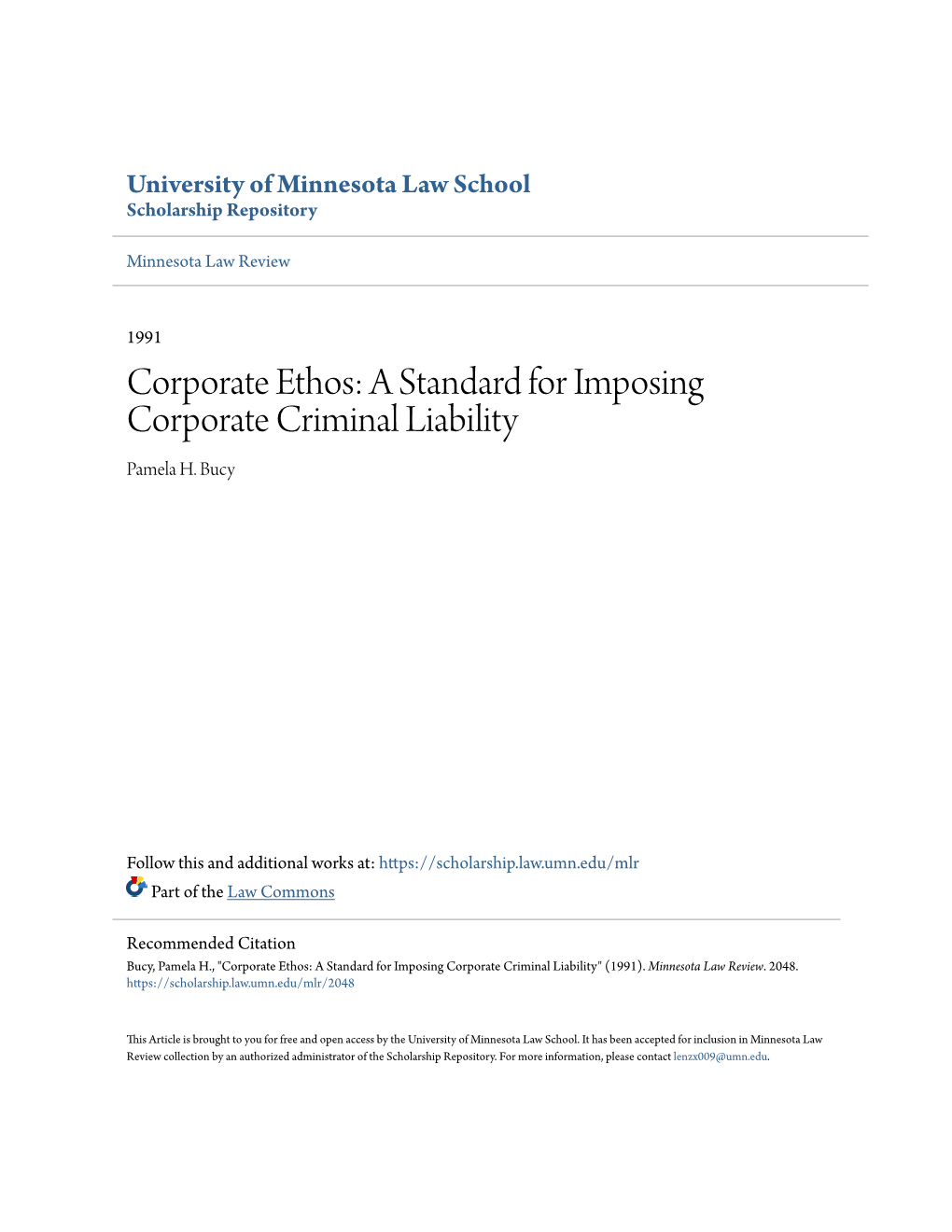 Corporate Ethos: a Standard for Imposing Corporate Criminal Liability Pamela H