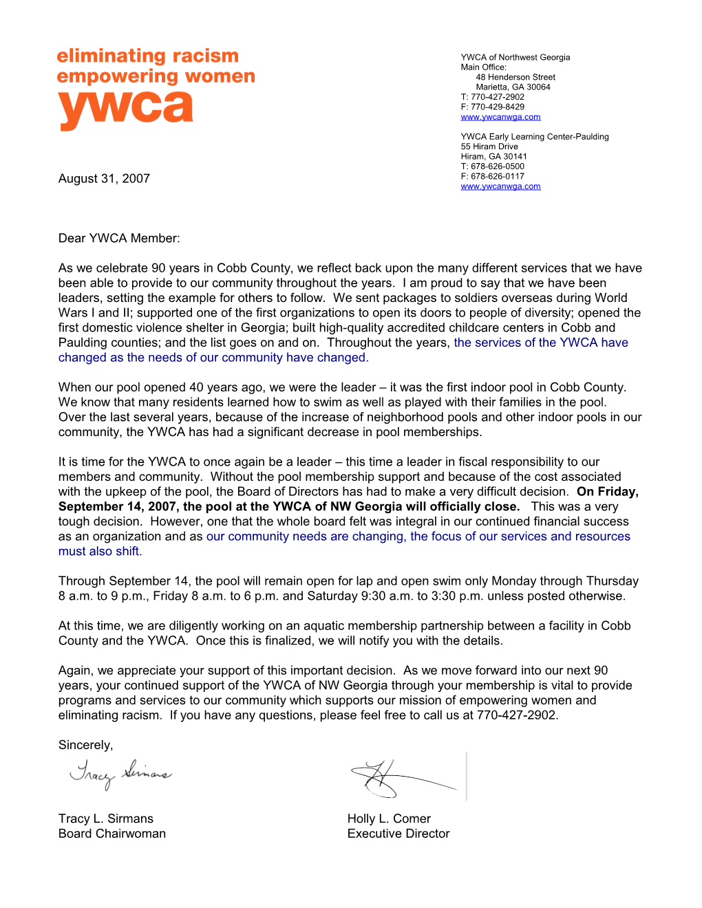 Dear YWCA Member