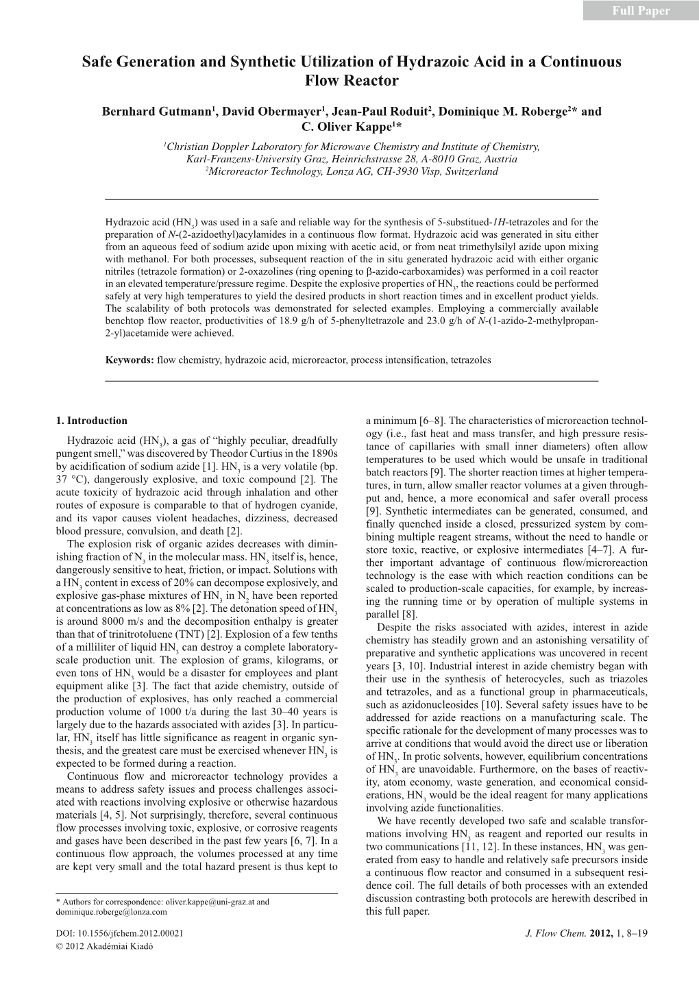 Safe Generation and Synthetic Utilization of Hydrazoic Acid in a Continuous Flow Reactor