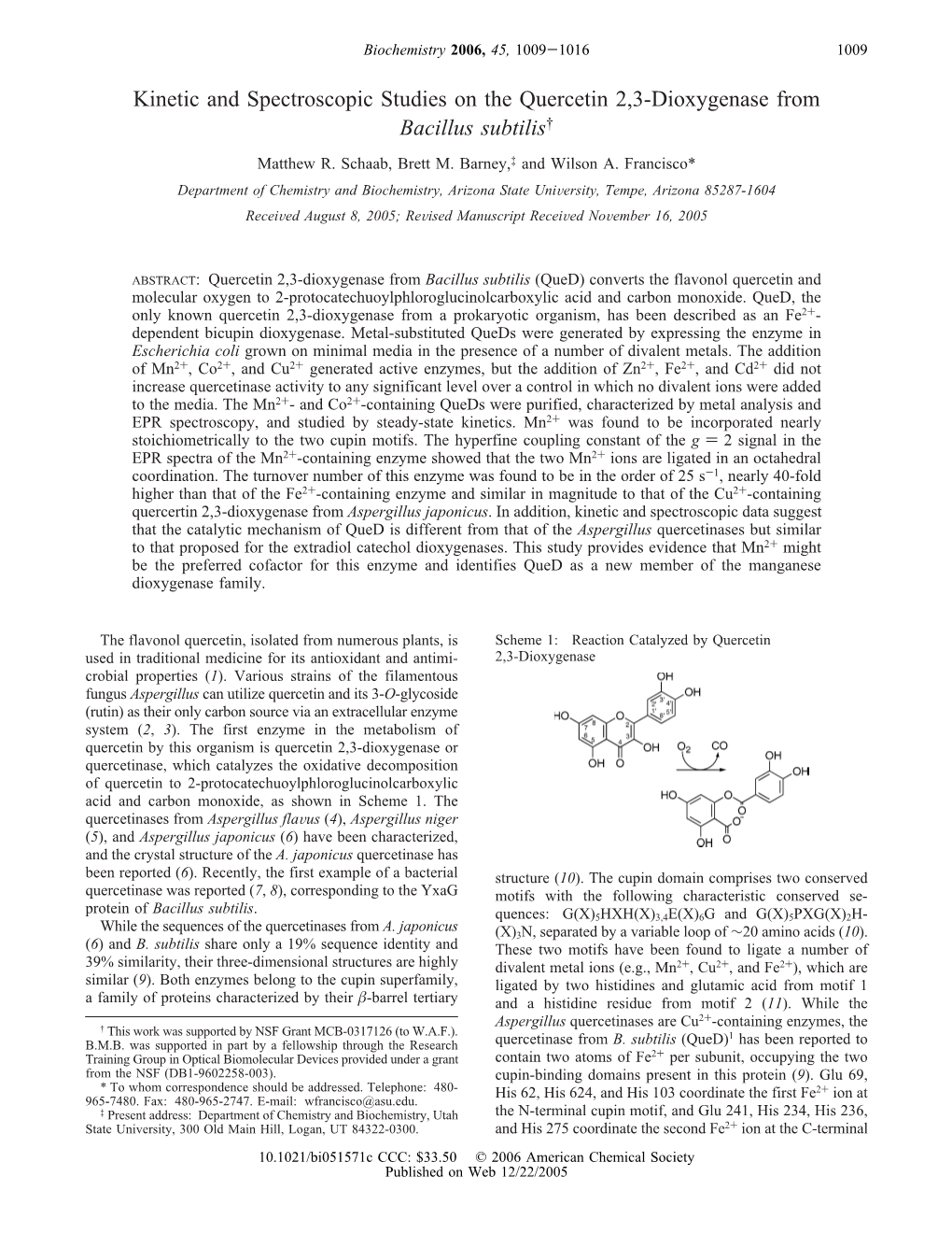 Kinetic and Spectroscopic Studies on the Quercetin 2,3-Dioxygenase from Bacillus Subtilis† Matthew R