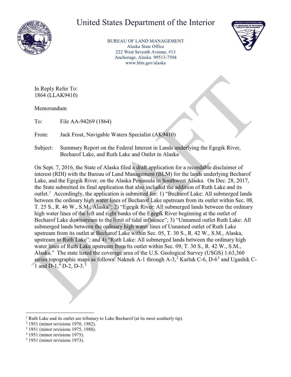 Draft Summary Report on the Federal Interest in Lands Underlying The