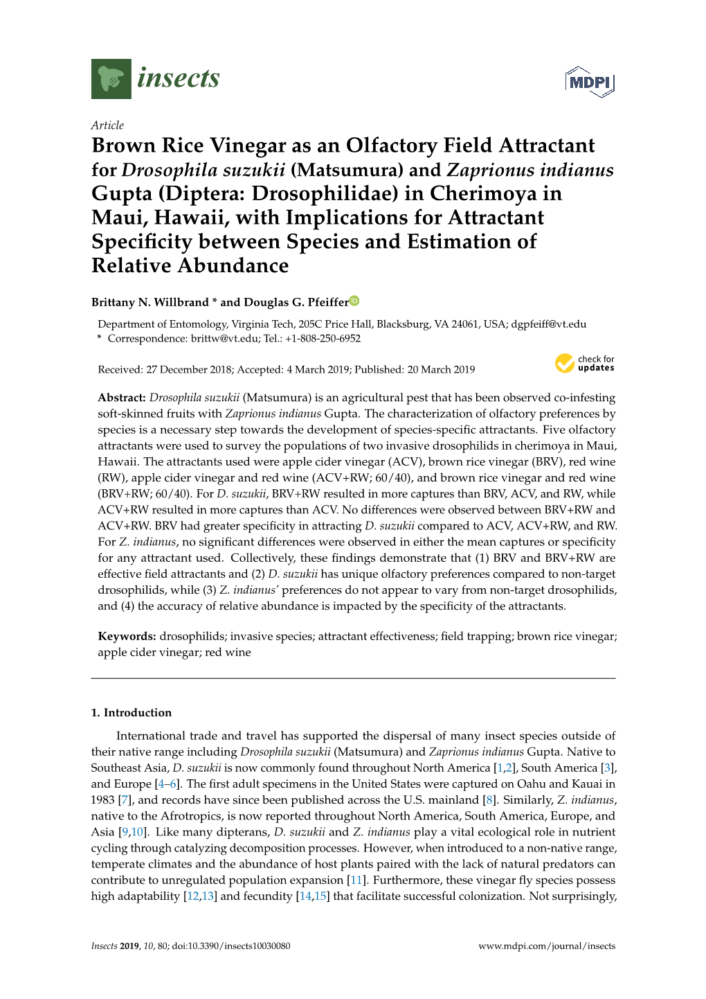 Brown Rice Vinegar As an Olfactory Field Attractant [0.9]For Drosophila Suzukii (Matsumura) and Zaprionus Indianus Gupta (Dipter