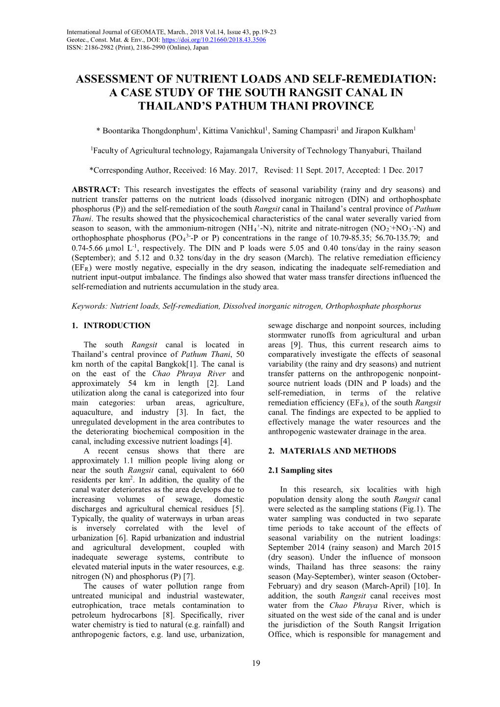 Assessment of Nutrient Loads and Self-Remediation: a Case Study of the South Rangsit Canal in Thailand’S Pathum Thani Province