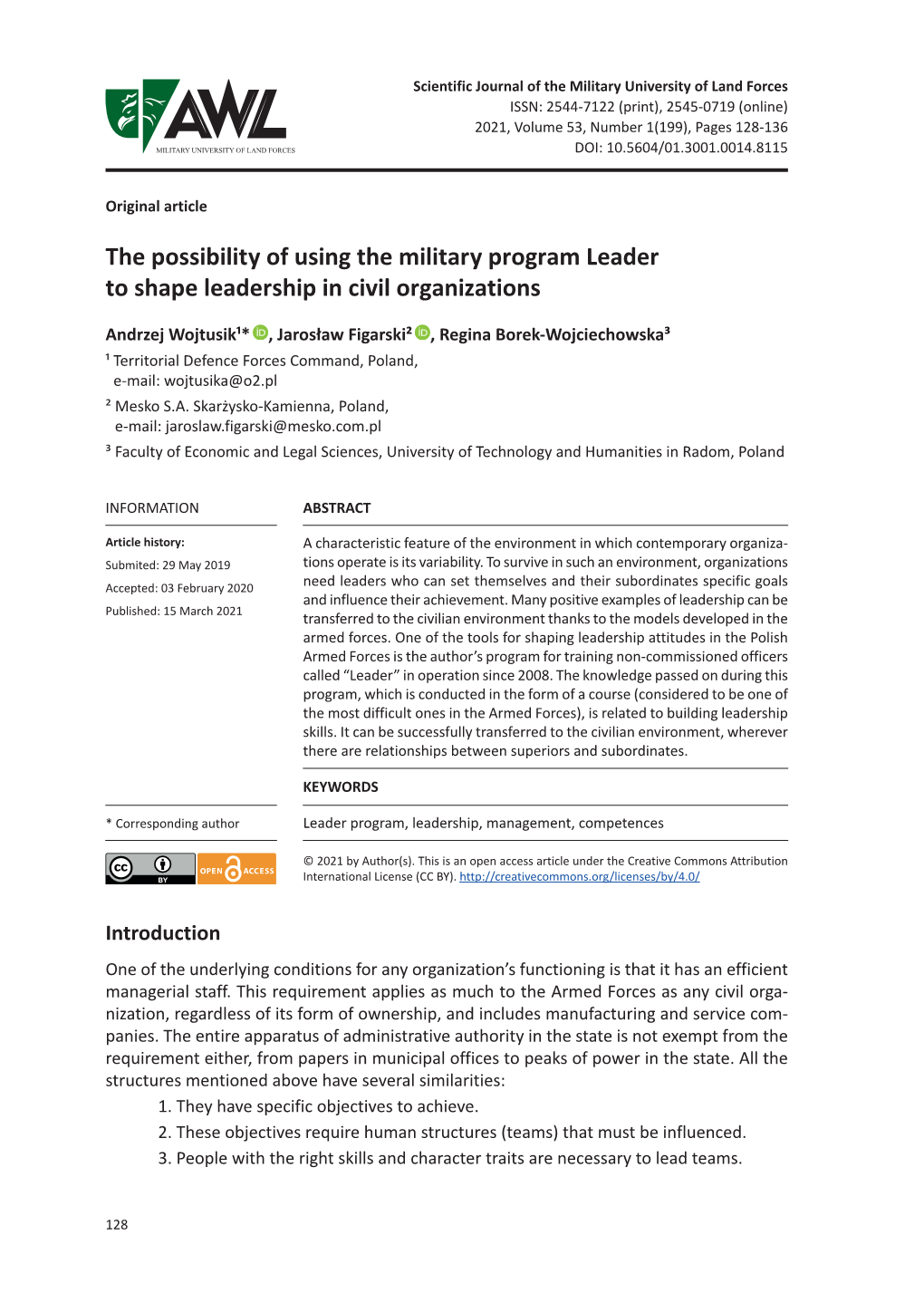 The Possibility of Using the Military Program Leader to Shape Leadership in Civil Organizations