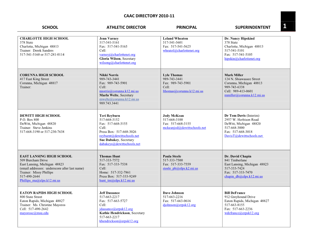 Caac Directory 2010-11 School Athletic Director