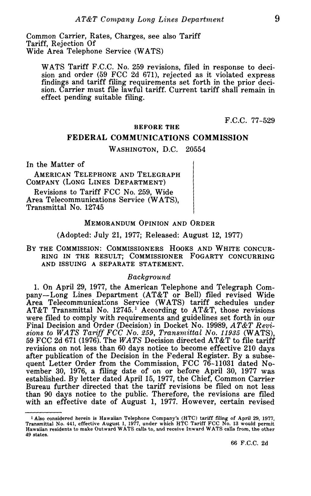 AT&T Company Long Lines Department 9 Common Carrier, Rates, Charges, See Also Tariff Tariff, Rejection of Wide Area Telephon