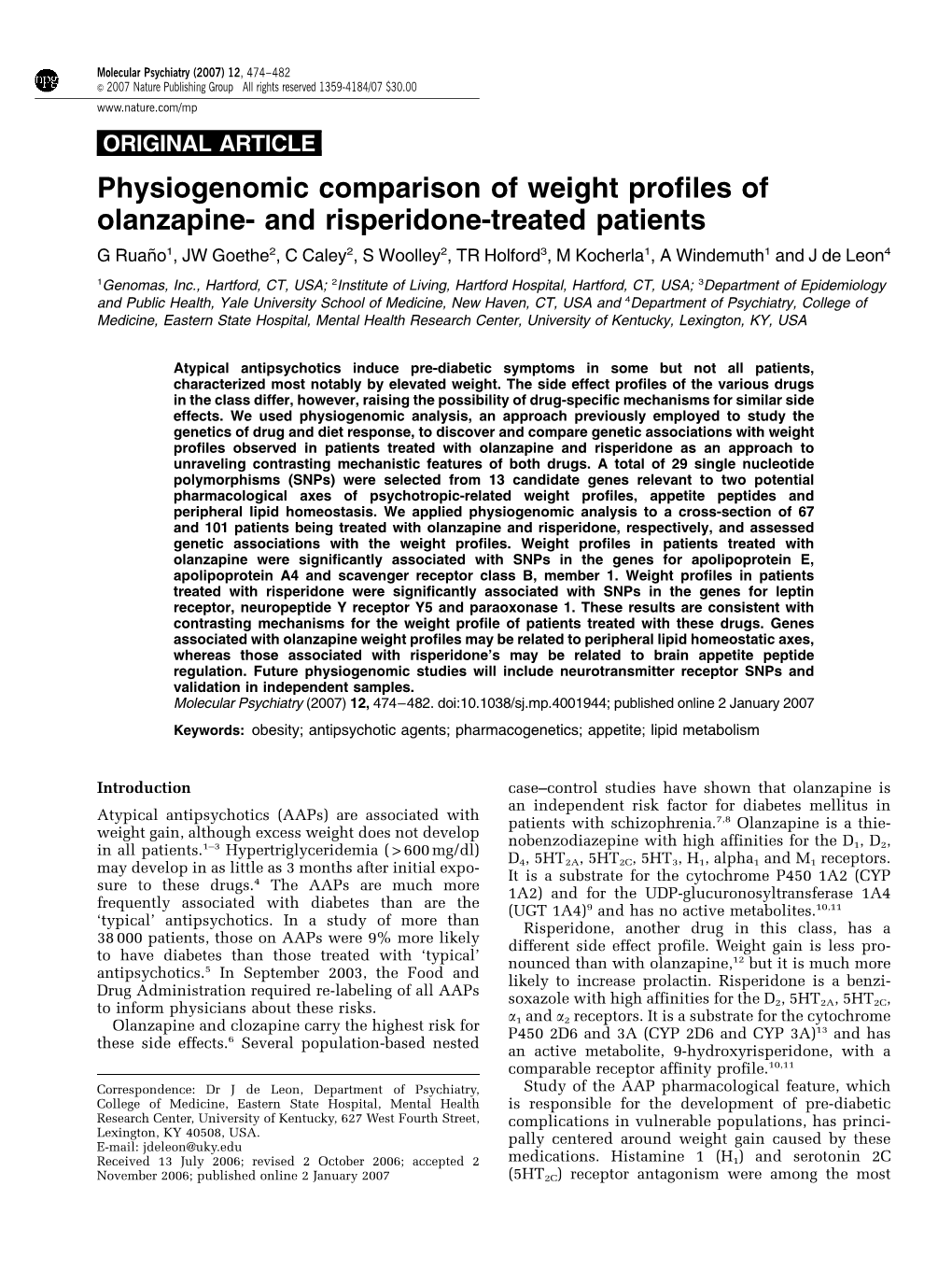 Physiogenomic Comparison of Weight Profiles of Olanzapine