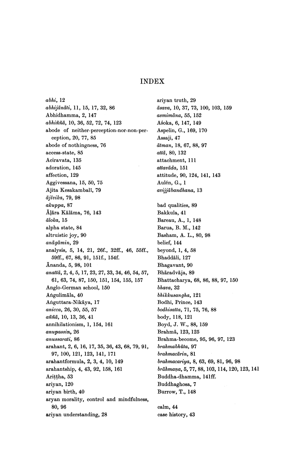 Abhi, 12 Ajivika, 79, 98 Akuppa, 87 Aloka, 15 Aniigamin, 29 Anupa88in