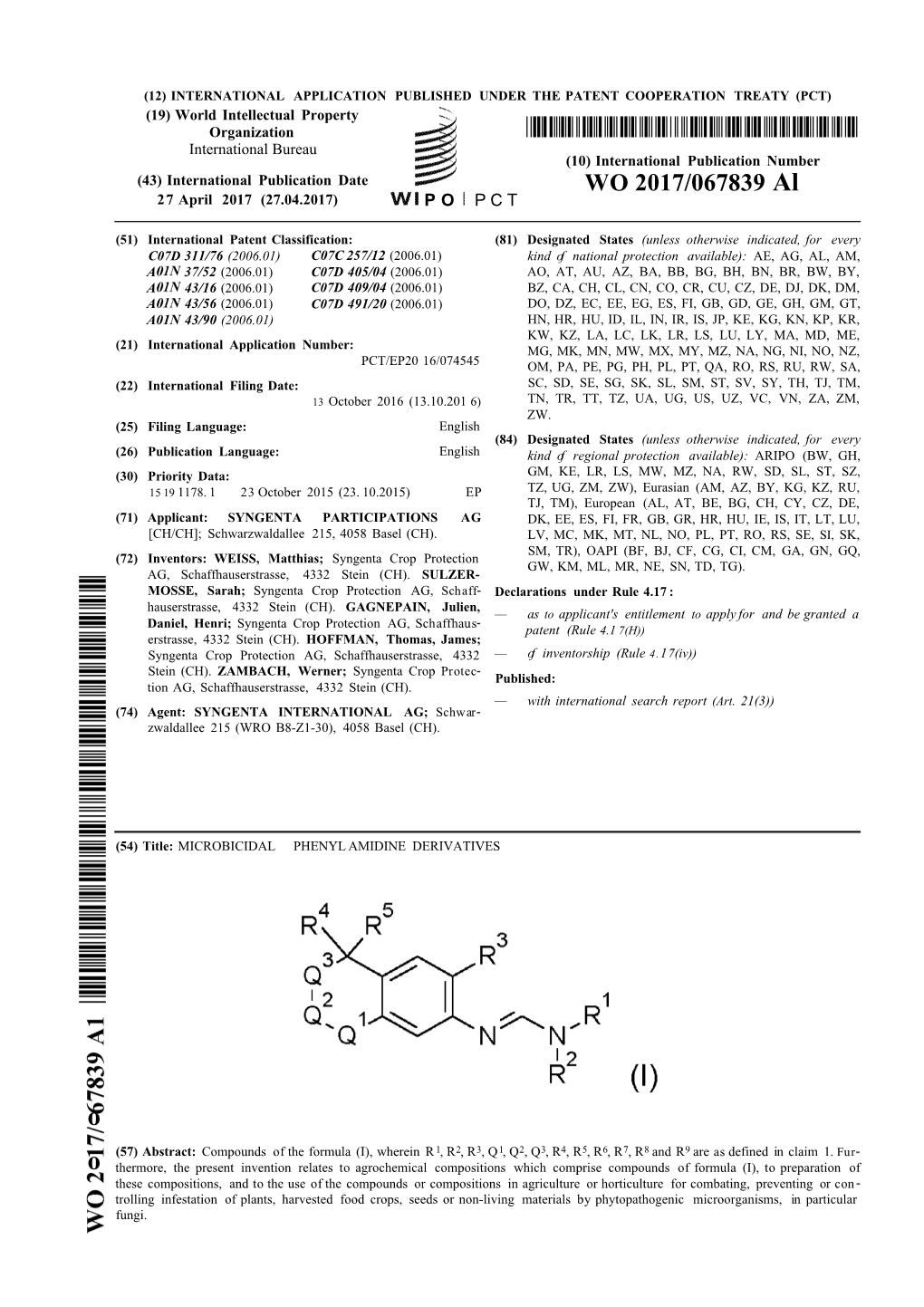 WO 2017/067839 Al 27 April 2017 (27.04.2017) P O P C T