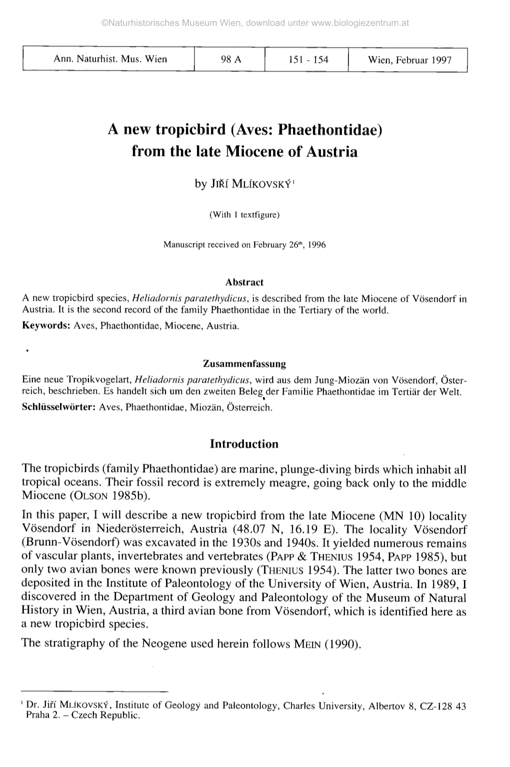 A New Tropicbird (Aves: Phaethontidae) from the Late Miocene of Austria