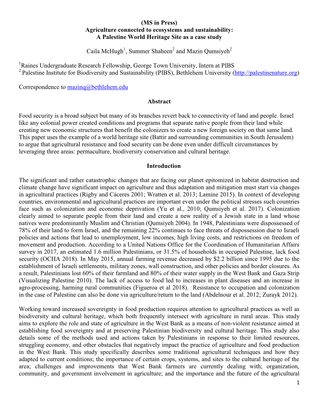 Agriculture Connected to Ecosystems and Sustainability: a Palestine World Heritage Site As a Case Study