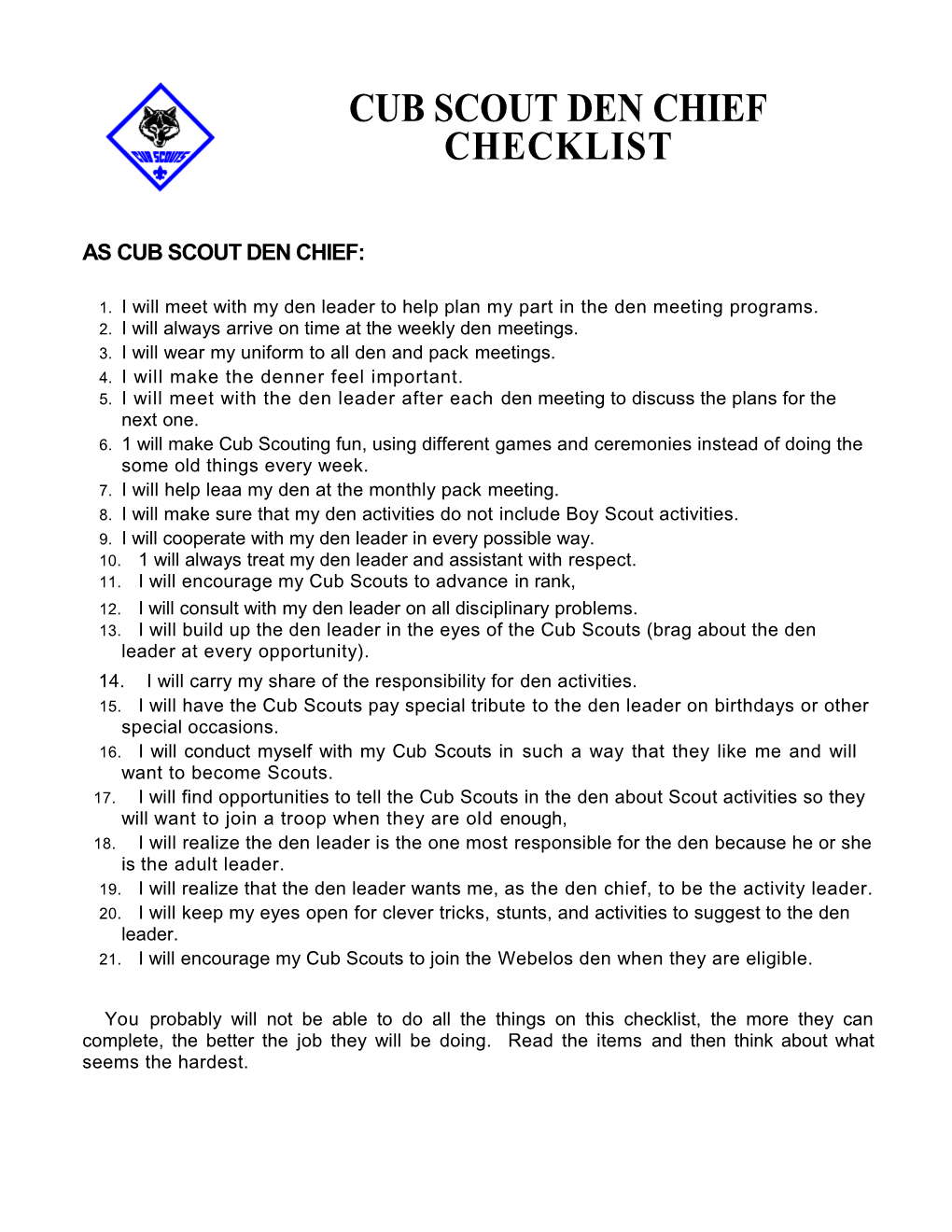 Cub Scout Den Chief Checklist