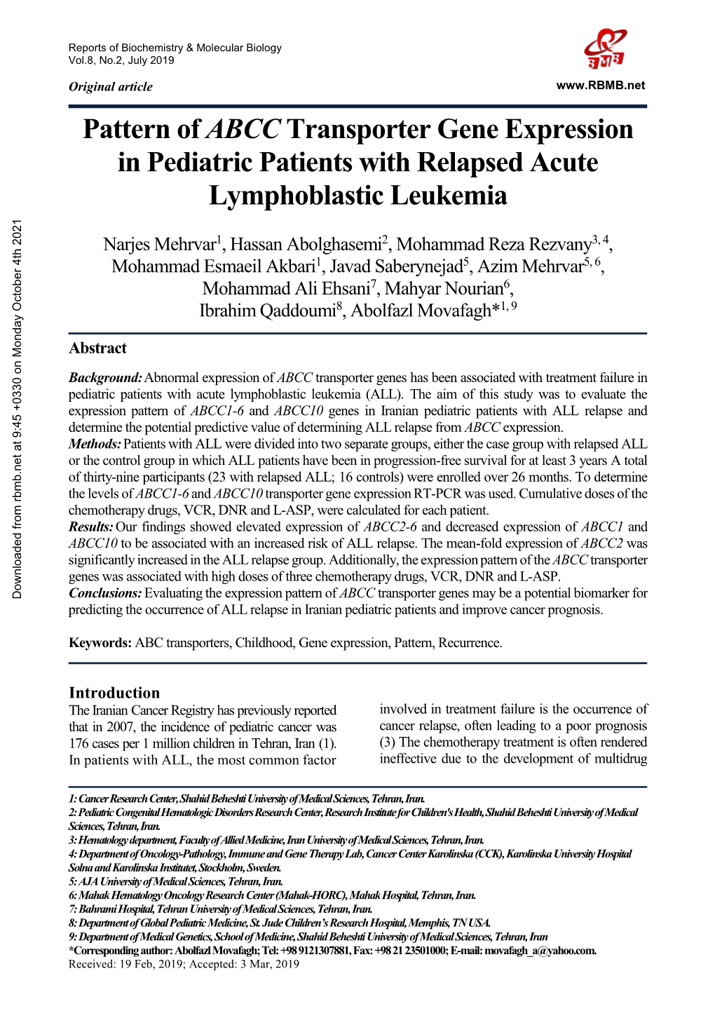 Pattern of ABCC Transporter Gene Expression in Pediatric Patients with Relapsed Acute Lymphoblastic Leukemia