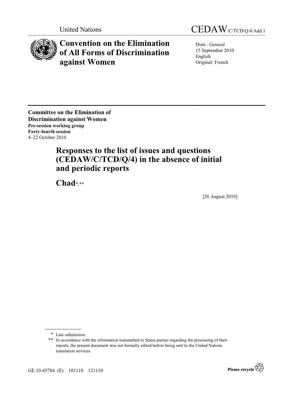 CEDAW/C/TCD/Q/4/Add.1